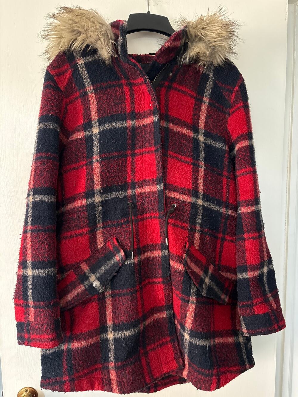American Eagle Wool Blend Plaid Faux Fur Hooded Parka Coat  Red XL
